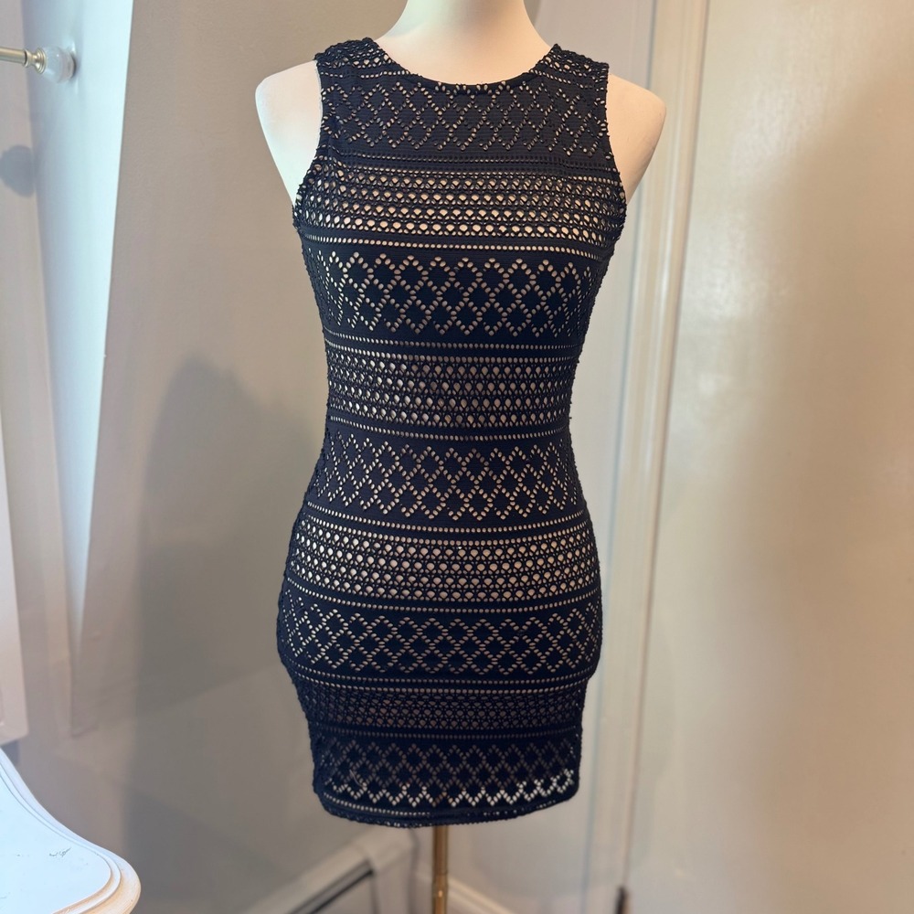 UK2LA Black Crochet Lace Bodycon Mini Dress Keyhole Back Made in USA| Size XS